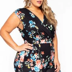 Curvy Sense Plus Size Rosewood Print Jumpsuit - Black