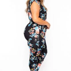 Curvy Sense Plus Size Rosewood Print Jumpsuit - Black
