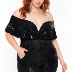 Curvy Sense Plus Size Serenity Sequin Frill Jumpsuit- Black