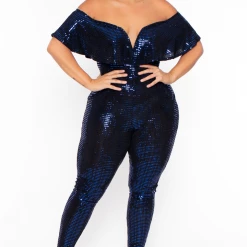 Curvy Sense Plus Size Serenity Sequin Frill Jumpsuit- Blue Party Shop