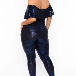 Curvy Sense Plus Size Serenity Sequin Frill Jumpsuit- Blue Party Shop