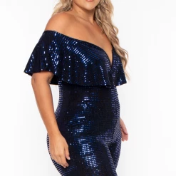 Curvy Sense Plus Size Serenity Sequin Frill Jumpsuit- Blue Party Shop