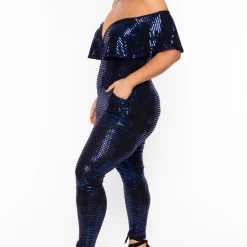 Curvy Sense Plus Size Serenity Sequin Frill Jumpsuit- Blue Party Shop
