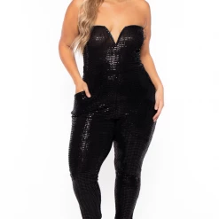 Curvy Sense Plus Size Shantel Sequin Jumpsuit - Black Party Shop