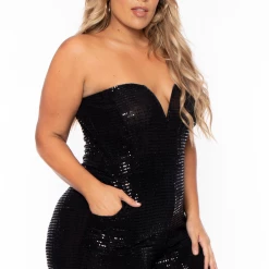 Curvy Sense Plus Size Shantel Sequin Jumpsuit - Black Party Shop