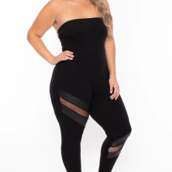 Curvy Sense Plus Size Strapless Fishnet Jumpsuit - Black