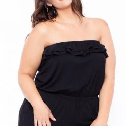 Curvy Sense Back In Stock Plus Size Strapless Ruffle Capri Jumpsuit - Black