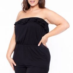 Curvy Sense Back In Stock Plus Size Strapless Ruffle Capri Jumpsuit - Black