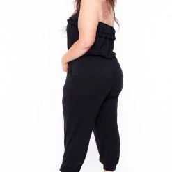 Curvy Sense Back In Stock Plus Size Strapless Ruffle Capri Jumpsuit - Black