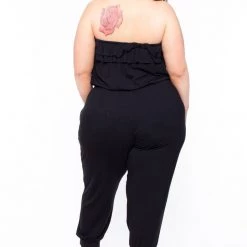 Curvy Sense Back In Stock Plus Size Strapless Ruffle Capri Jumpsuit - Black