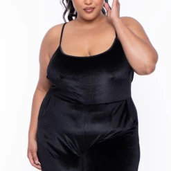 Curvy Sense Party Jumpsuilts Plus Size Veronica Velour Catsuit - Black