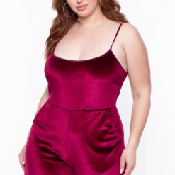 Curvy Sense Plus Size Veronica Velour Catsuit - Burgundy