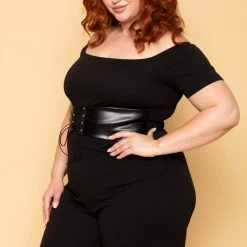 Curvy Sense New Arrivals Plus Size Waist Snatcher Wide Leg Jumpsuit - Black