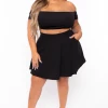 Curvy Sense Plus Size Dioceline Off Shoulder Crop Top & Skirt Set - Black Matching Sets 2 Curvy Sense Plus Size Dioceline Off Shoulder Crop Top & Skirt Set - Black Matching Sets