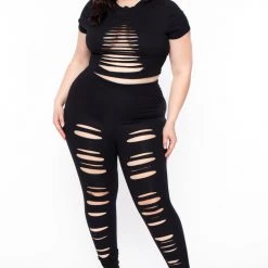 Curvy Sense Plus Size Distressed Legging & Crop Top Set - Black Back In Stock