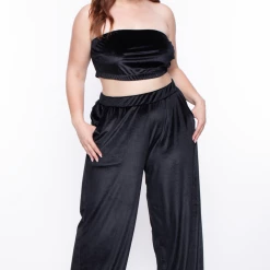 Curvy Sense Plus Size Eloise Velour Bandeau & Pant Set - Black Matching Sets