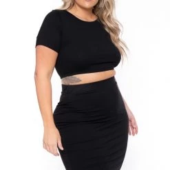 Curvy Sense New Arrivals Plus Size Jane Crop Top And Skirt Matching Set- Black