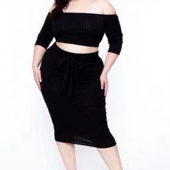 Curvy Sense Plus Size Off The Shoulder Matching Set - Black Back In Stock