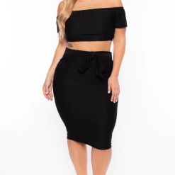 Curvy Sense Matching Sets Plus Size Off The Shoulder Textured Matching Set - Black