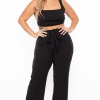 Curvy Sense Plus Size Ribbed Crop Top And Pants Set - Black 2 Curvy Sense Plus Size Ribbed Crop Top And Pants Set - Black