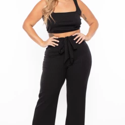 Curvy Sense Plus Size Ribbed Crop Top And Pants Set - Black
