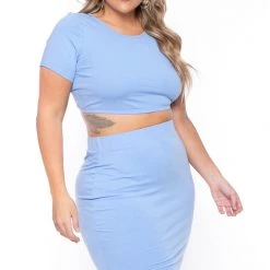 Curvy Sense Plus Size Jane Crop Top And Skirt Matching Set- Blue New Arrivals