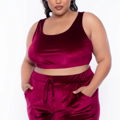 Curvy Sense Plus Size Gaby Velour Tank & Jogger Set - Burgundy Matching Sets