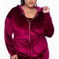 Curvy Sense Sale Plus Size Yvonne Velour Hoodie Jacket - Burgundy