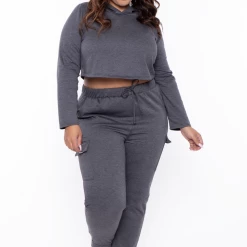 Curvy Sense Plus Size Crop Hoodie & Jogger Set - Charcoal