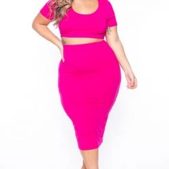 Curvy Sense Matching Sets Plus Size Carmen Top & Skirt Matching Set - Fuchsia