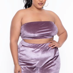 Curvy Sense Plus Size Eloise Velour Bandeau & Pant Set - Mauve 18 Curvy Sense Plus Size Eloise Velour Bandeau & Pant Set - Mauve