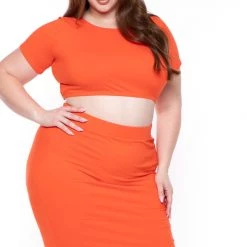 Curvy Sense Plus Size Jane Crop Top And Skirt Matching Set- Orange