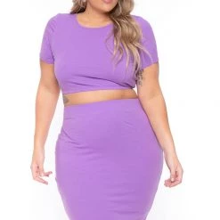 Curvy Sense Plus Size Jane Crop Top And Skirt Matching Set- Purple