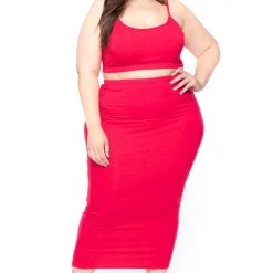 Curvy Sense Plus Size Connie Crop Top & Skirt Set - Red
