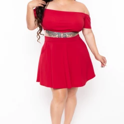 Curvy Sense Plus Size Dioceline Off Shoulder Crop Top & Skirt Set - Red Matching Sets