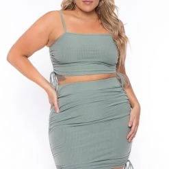 Curvy Sense Matching Sets Plus Size Ruched Crop Top & Skirt Set - Sage