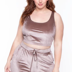 Curvy Sense Matching Sets Plus Size Gaby Velour Tank & Jogger Set - Taupe