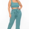 Curvy Sense Plus Size Ribbed Crop Top And Pants Set - Teal Matching Sets