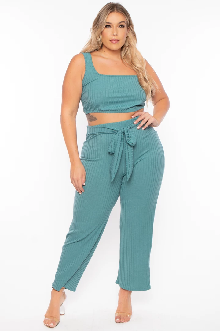 Curvy Sense Plus Size Ribbed Crop Top And Pants Set - Teal Matching Sets 3 Curvy Sense Plus Size Ribbed Crop Top And Pants Set - Teal Matching Sets