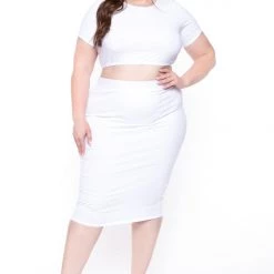Curvy Sense Plus Size Jane Crop Top And Skirt Matching Set- White New Arrivals