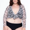 Curvy Sense Plus Size Zebra Mesh Front Tie Crop Top - White