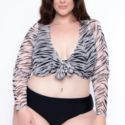 Curvy Sense Plus Size Zebra Mesh Front Tie Crop Top - White