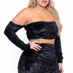 Curvy Sense Plus Size Amara Velour Ruched Matching Set - Black Matching Sets