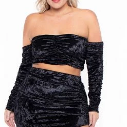 Curvy Sense Plus Size Amara Velour Ruched Matching Set - Black Matching Sets