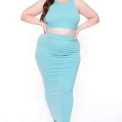 Curvy Sense Plus Size Candace Tank And Skirt Matching Set - Teal