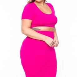 Curvy Sense Matching Sets Plus Size Carmen Top & Skirt Matching Set - Fuchsia