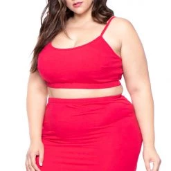 Curvy Sense Plus Size Connie Crop Top & Skirt Set - Red