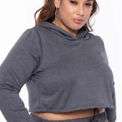Curvy Sense Plus Size Crop Hoodie & Jogger Set - Charcoal