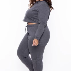 Curvy Sense Plus Size Crop Hoodie & Jogger Set - Charcoal