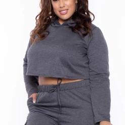 Curvy Sense Plus Size Crop Hoodie & Jogger Set - Charcoal